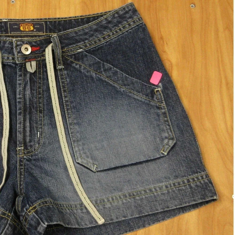 ROUTE 66 Utility Jean Shorts Drawstring VINTAGE Sz 9/10 Blue Denim Jorts Y2K 90s